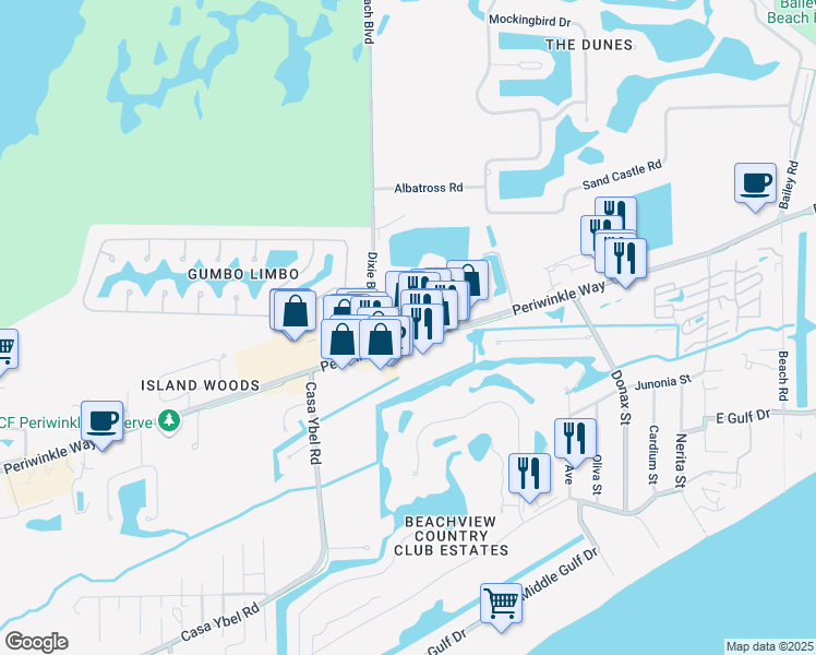map of restaurants, bars, coffee shops, grocery stores, and more near 915 Fitzhugh Street in Sanibel
