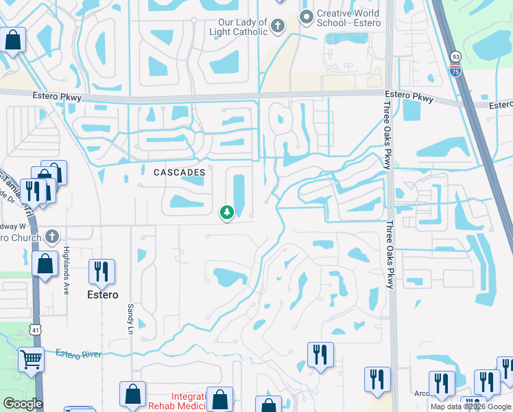 map of restaurants, bars, coffee shops, grocery stores, and more near 20421 Talon Trce in Estero