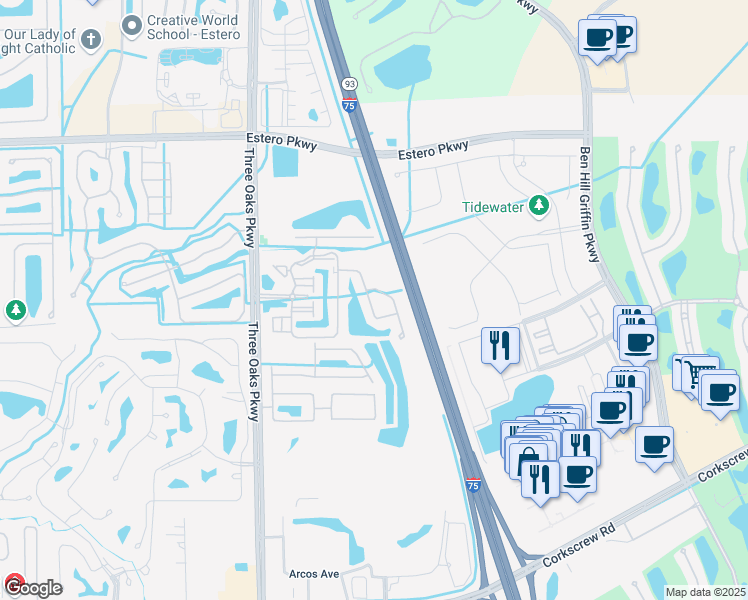 map of restaurants, bars, coffee shops, grocery stores, and more near 10110 Villagio Palms Way in Estero