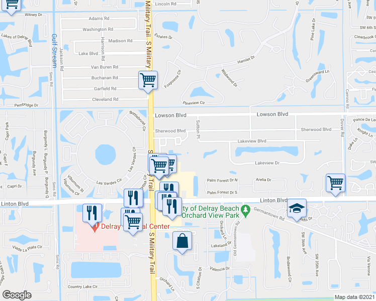 map of restaurants, bars, coffee shops, grocery stores, and more near 3900 Sherwood Boulevard in Delray Beach