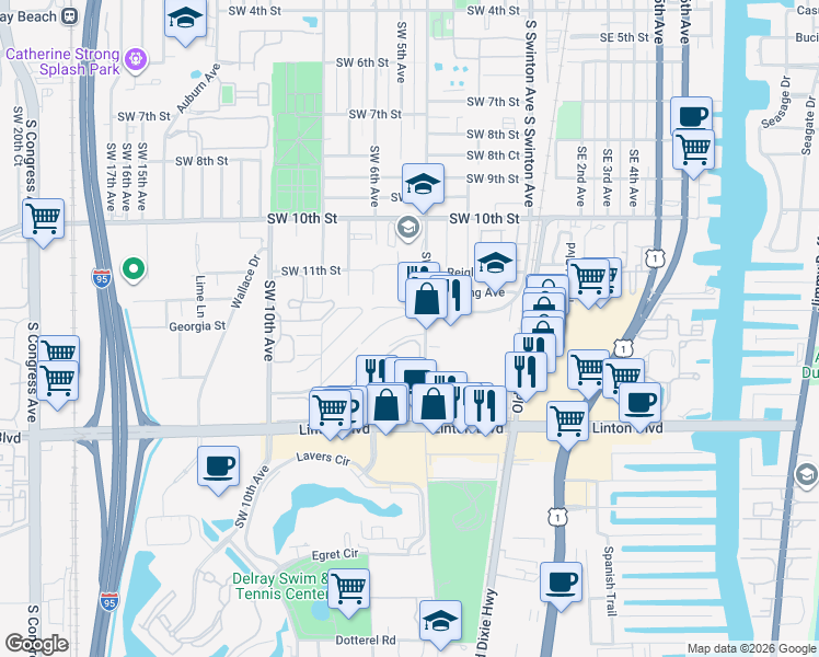 map of restaurants, bars, coffee shops, grocery stores, and more near 406 Southridge Road in Delray Beach