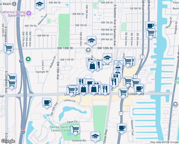 map of restaurants, bars, coffee shops, grocery stores, and more near 406 Southridge Road in Delray Beach