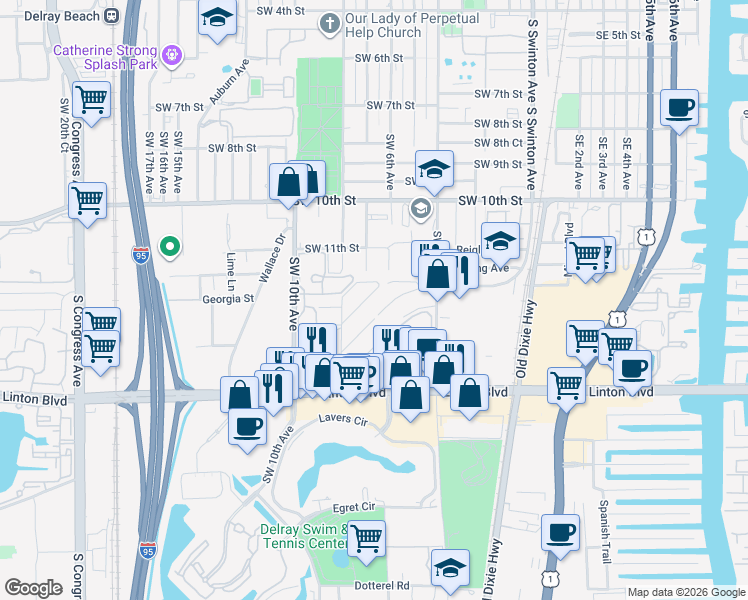 map of restaurants, bars, coffee shops, grocery stores, and more near 2474 Douglas Avenue in Delray Beach