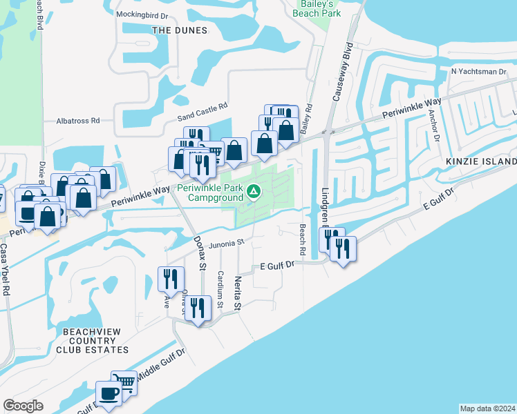 map of restaurants, bars, coffee shops, grocery stores, and more near 1119 Periwinkle Way in Sanibel