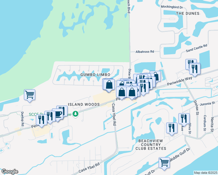 map of restaurants, bars, coffee shops, grocery stores, and more near 1596 Bunting Lane in Sanibel