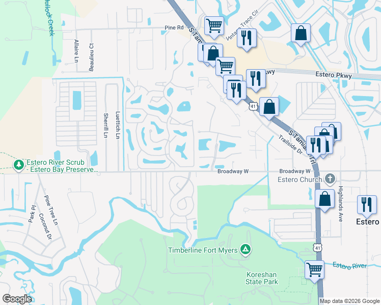 map of restaurants, bars, coffee shops, grocery stores, and more near 20151 Ian Court in Estero