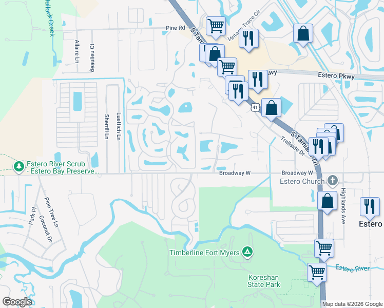 map of restaurants, bars, coffee shops, grocery stores, and more near 20151 Ian Court in Estero