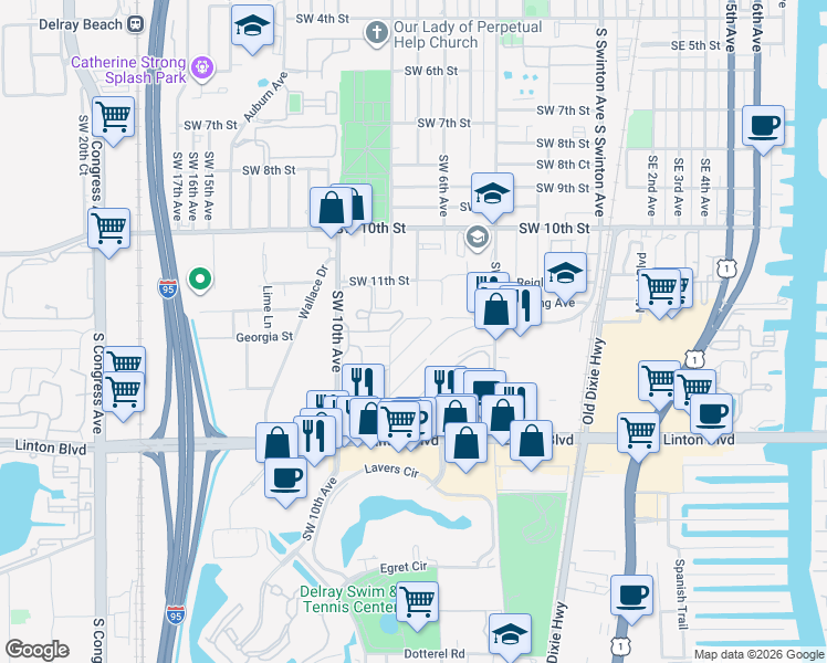 map of restaurants, bars, coffee shops, grocery stores, and more near 2429 Sundy Avenue in Delray Beach