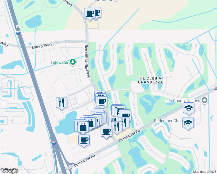 map of restaurants, bars, coffee shops, grocery stores, and more near 20187 Buttermere Court in Estero