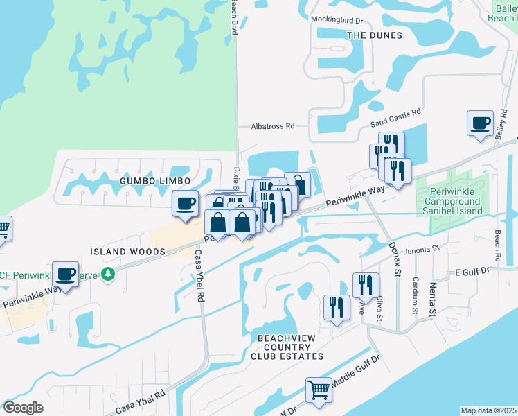map of restaurants, bars, coffee shops, grocery stores, and more near 915 Fitzhugh Street in Sanibel