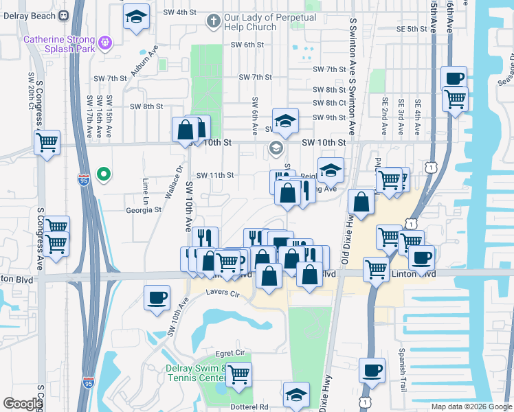 map of restaurants, bars, coffee shops, grocery stores, and more near 529 Southridge Road in Delray Beach