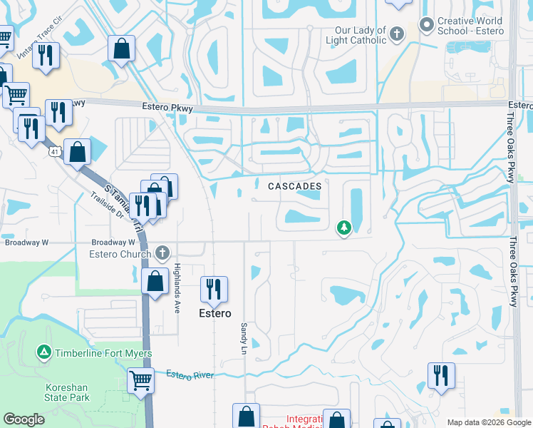 map of restaurants, bars, coffee shops, grocery stores, and more near 9101 Broadway Avenue East in Estero
