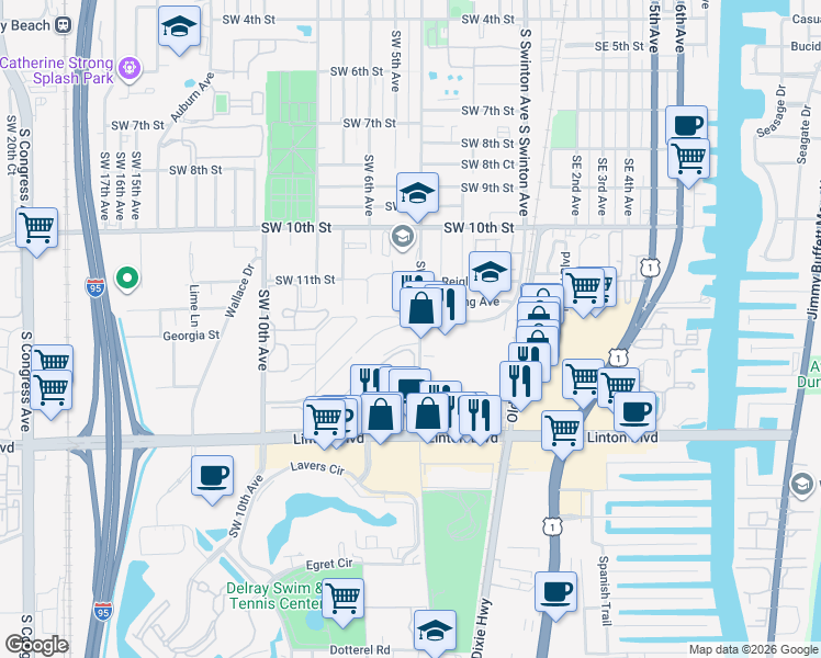 map of restaurants, bars, coffee shops, grocery stores, and more near 406 Southridge Road in Delray Beach