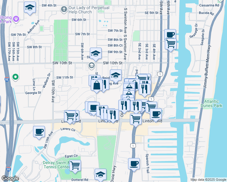 map of restaurants, bars, coffee shops, grocery stores, and more near 120 Southridge Road in Delray Beach