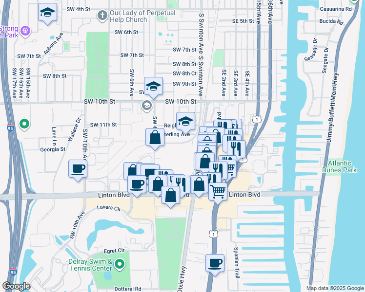 map of restaurants, bars, coffee shops, grocery stores, and more near 120 Southridge Road in Delray Beach