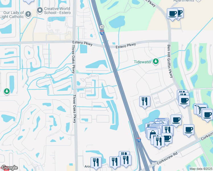 map of restaurants, bars, coffee shops, grocery stores, and more near Villagio Palms Way in Estero