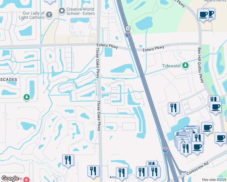 map of restaurants, bars, coffee shops, grocery stores, and more near 20361 Estero Gardens Circle in Estero
