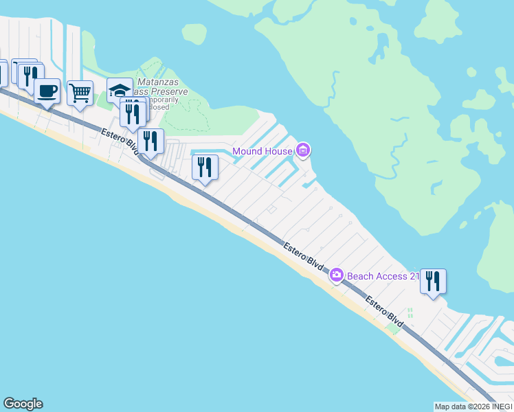 map of restaurants, bars, coffee shops, grocery stores, and more near 138 Connecticut Street in Fort Myers Beach