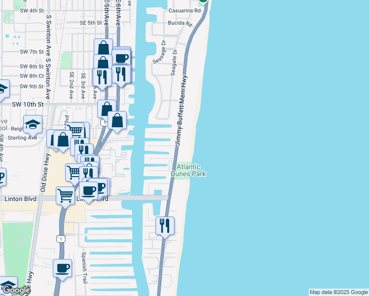 map of restaurants, bars, coffee shops, grocery stores, and more near 1213 South Ocean Boulevard in Delray Beach