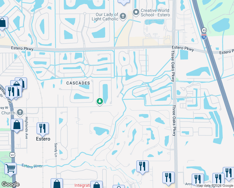 map of restaurants, bars, coffee shops, grocery stores, and more near 20421 Talon Trce in Estero