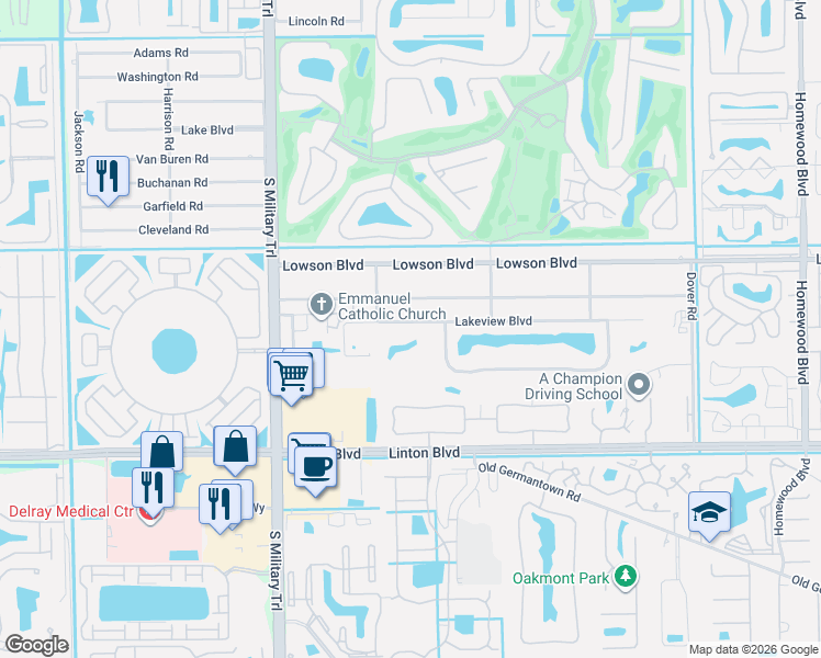 map of restaurants, bars, coffee shops, grocery stores, and more near 3638 Lakeview Boulevard in Delray Beach