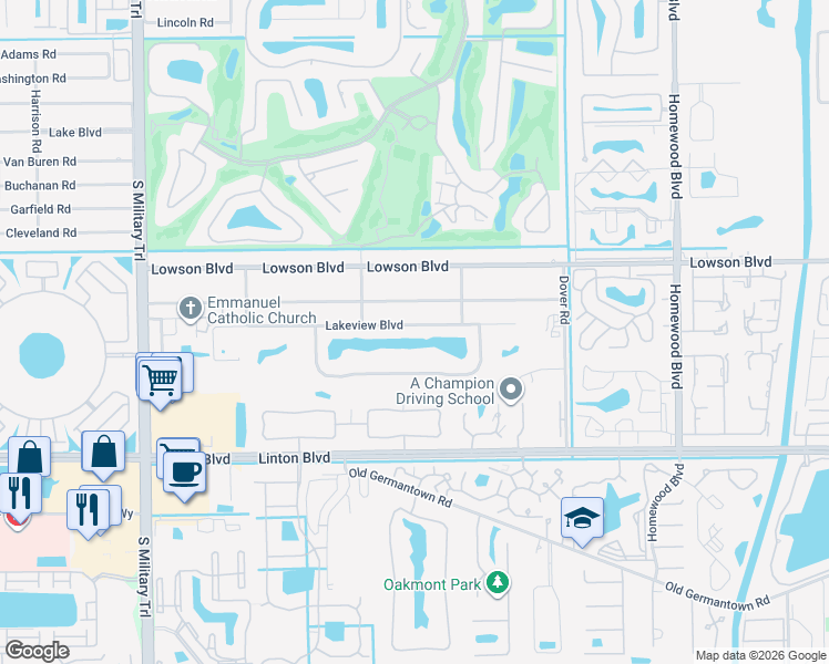 map of restaurants, bars, coffee shops, grocery stores, and more near 3352 Lakeview Boulevard in Delray Beach