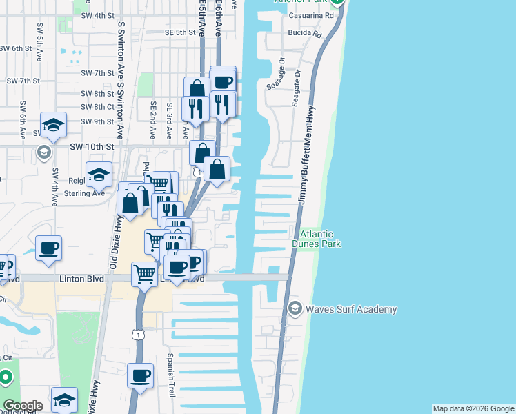 map of restaurants, bars, coffee shops, grocery stores, and more near 1002 Brooks Lane in Delray Beach