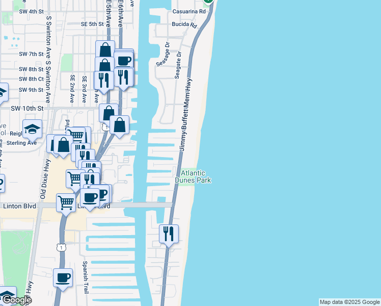 map of restaurants, bars, coffee shops, grocery stores, and more near 1213 South Ocean Boulevard in Delray Beach