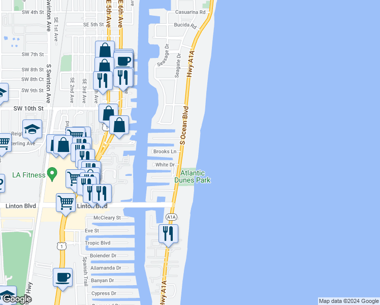 map of restaurants, bars, coffee shops, grocery stores, and more near 1213 South Ocean Boulevard in Delray Beach