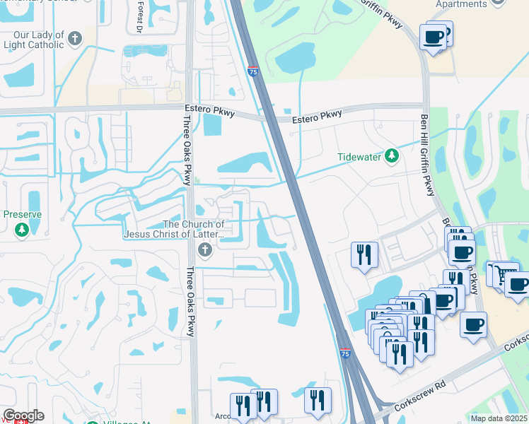 map of restaurants, bars, coffee shops, grocery stores, and more near 10101 Villagio Palms Way in Estero