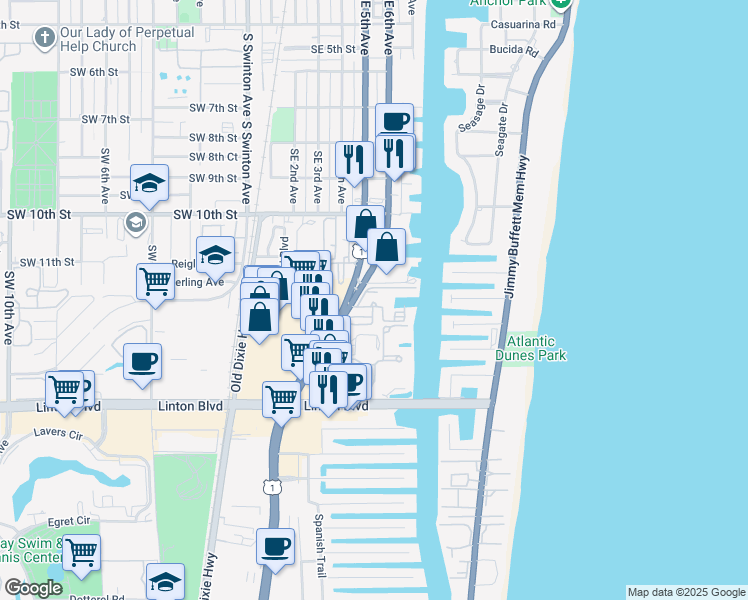 map of restaurants, bars, coffee shops, grocery stores, and more near 1 Harbourside Drive in Delray Beach