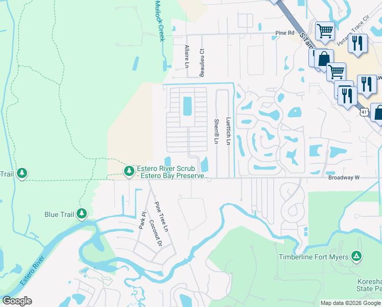 map of restaurants, bars, coffee shops, grocery stores, and more near 4621 Jefferson Davis Boulevard East in Estero