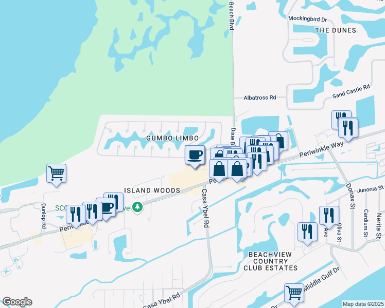 map of restaurants, bars, coffee shops, grocery stores, and more near 1596 Bunting Lane in Sanibel