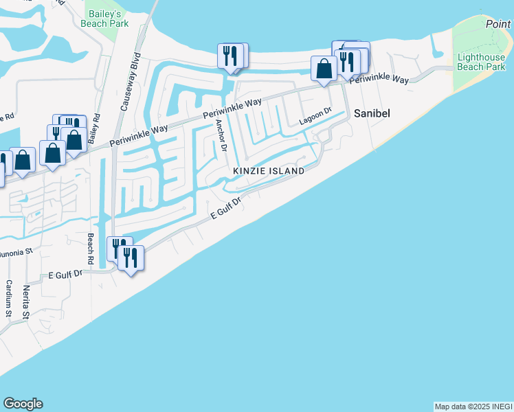 map of restaurants, bars, coffee shops, grocery stores, and more near 585 East Gulf Drive in Sanibel