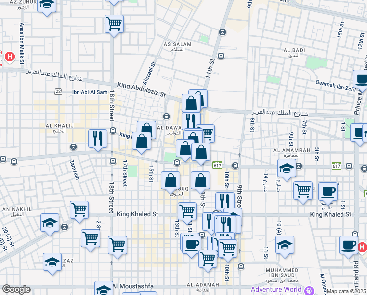 map of restaurants, bars, coffee shops, grocery stores, and more near Prince Saud Bin Jalawy Street in Dammam