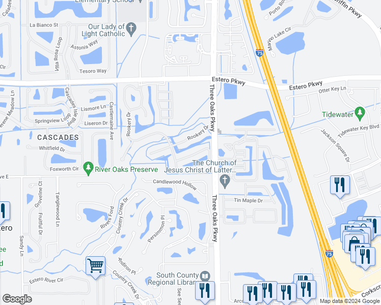 map of restaurants, bars, coffee shops, grocery stores, and more near 9950 Rookery Circle in Estero