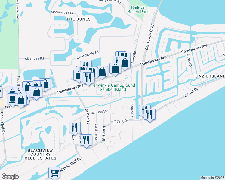 map of restaurants, bars, coffee shops, grocery stores, and more near 1119 Periwinkle Way in Sanibel