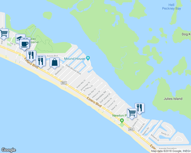 map of restaurants, bars, coffee shops, grocery stores, and more near 21799 Anchorage Street in Fort Myers Beach
