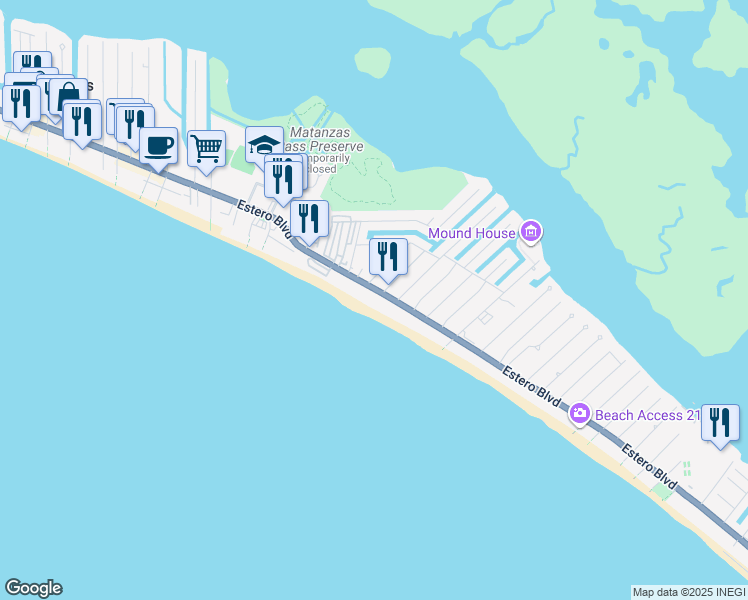 map of restaurants, bars, coffee shops, grocery stores, and more near 3134 Estero Boulevard in Fort Myers Beach