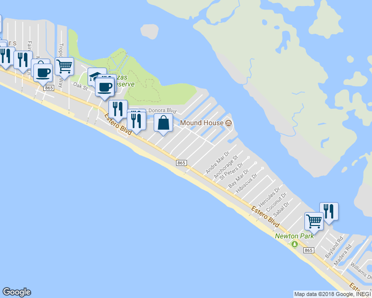 map of restaurants, bars, coffee shops, grocery stores, and more near 130 Jefferson Street in Fort Myers Beach