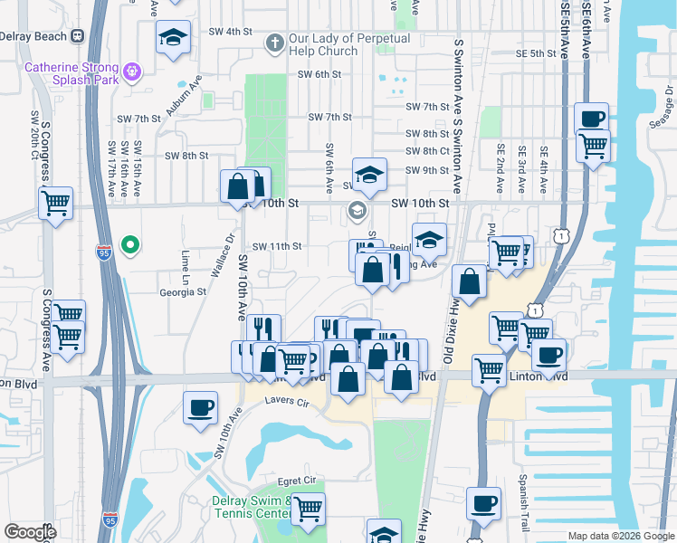 map of restaurants, bars, coffee shops, grocery stores, and more near 529 Southridge Road in Delray Beach