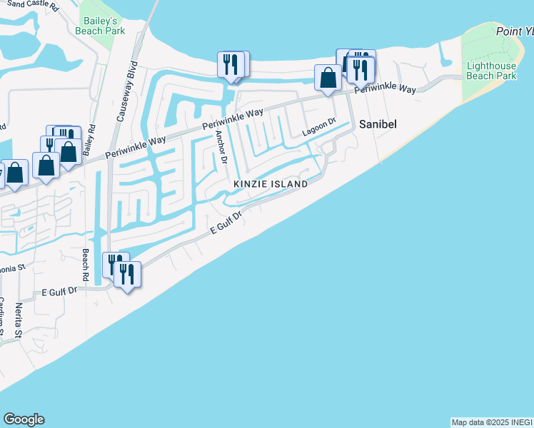 map of restaurants, bars, coffee shops, grocery stores, and more near 585 East Gulf Drive in Sanibel