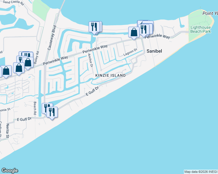 map of restaurants, bars, coffee shops, grocery stores, and more near 585 East Gulf Drive in Sanibel