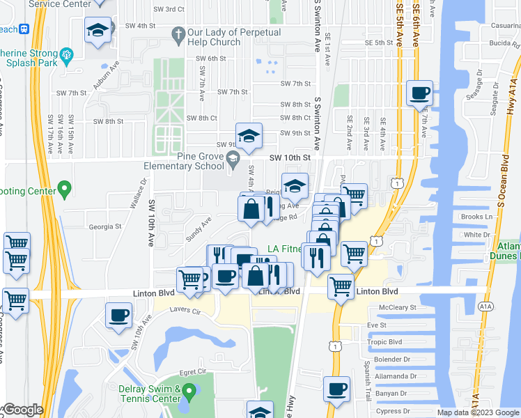 map of restaurants, bars, coffee shops, grocery stores, and more near 324 Sterling Avenue in Delray Beach