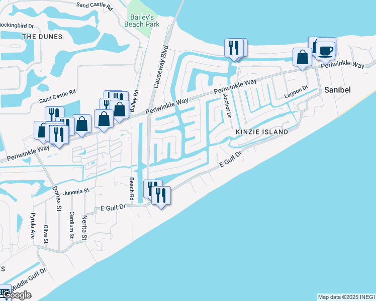 map of restaurants, bars, coffee shops, grocery stores, and more near 907 Kings Crown Drive in Sanibel
