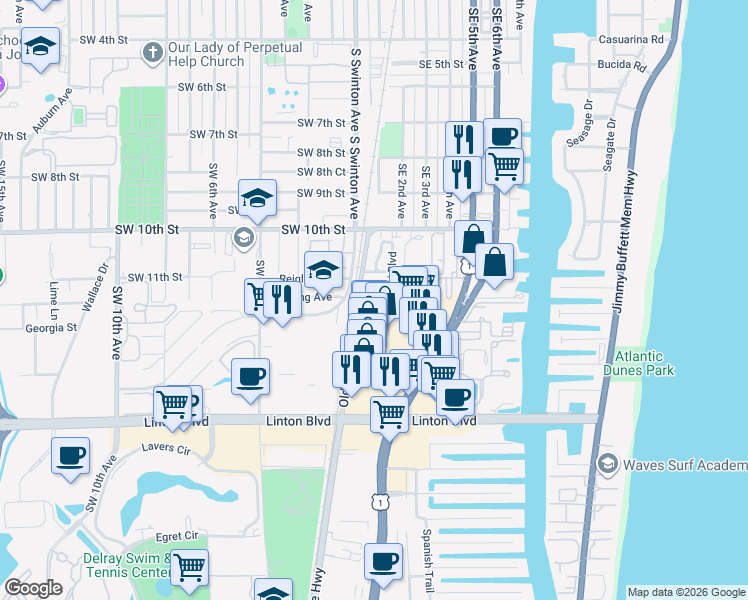 map of restaurants, bars, coffee shops, grocery stores, and more near 106 Central Avenue in Delray Beach