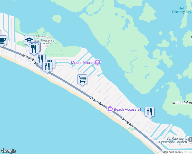 map of restaurants, bars, coffee shops, grocery stores, and more near 405 Connecticut Street in Fort Myers Beach