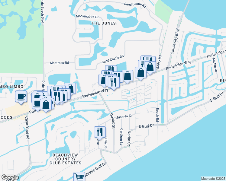 map of restaurants, bars, coffee shops, grocery stores, and more near 1203 Periwinkle Way in Sanibel
