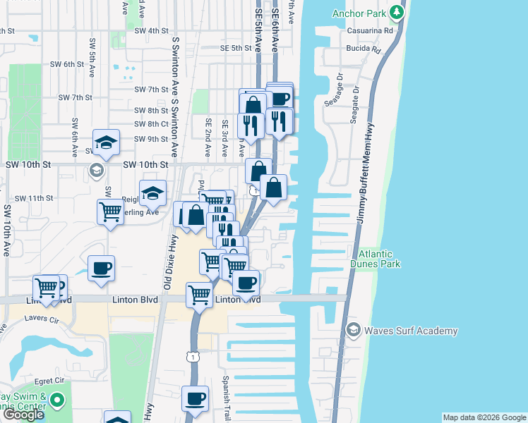 map of restaurants, bars, coffee shops, grocery stores, and more near 1055 South Federal Highway in Delray Beach