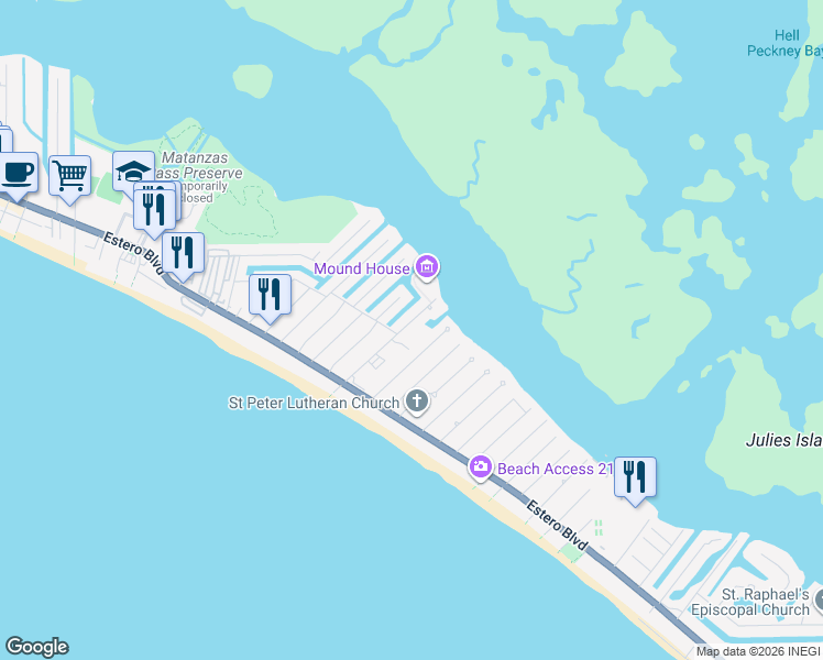 map of restaurants, bars, coffee shops, grocery stores, and more near 374 Connecticut Street in Fort Myers Beach